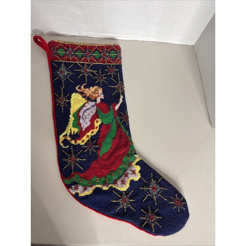 Christmas Stocking Red & Blue Sparkly Beads Beading 18" Angel Holiday.